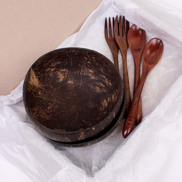 Подарочный набор для кухни № 7 (2 кокосовые миски + 2 вилки и 2 ложки Green Talk)