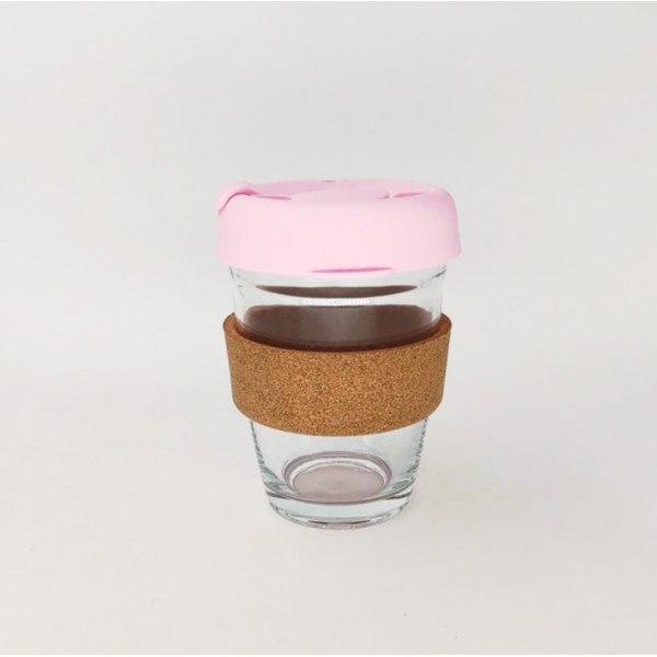 Багаторазова скляна термочашка з корковим тримачем, рожева, 360 мл
